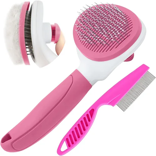 Vista 10 de Cepillos para gatos de interior, cepillo para perros para muda de pelo con peine metálico para gatos, cepillo autolimpiante para pelo de mascotas