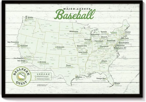 Vista 12 de GeoJango Framed Baseball Stadium Map, Wood Edition - Sports Gift For Baseball Fans - Includes 35 Red Map Push Pins (Red)