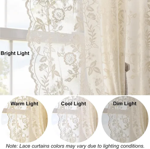Vista 5 de FINECITY 2 paneles de cortinas de encaje beige de 36 pulgadas de largo con hojas florales rústicas, cortinas cortas y transparentes para ventana