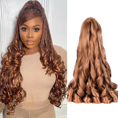Vista 46 de Extensiones de cabello rizado francés, #4 marrón sintético para trenzar, 2.47 onzas/paquete, extensiones de cabello de ganchillo de 24 pulgadas, 8