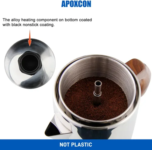 Vista 5 de APOXCON Percolador de Café Eléctrico Cafetera de Acero Inoxidable con Perilla de Vidrio Resistente Transparente para Ver el Progreso