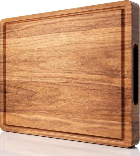 Vista 10 de Tabla de cortar grande de madera de acacia para cocina, tabla de cortar de madera reversible de 17 x 12 pulgadas, tabla de charcutería con ranuras