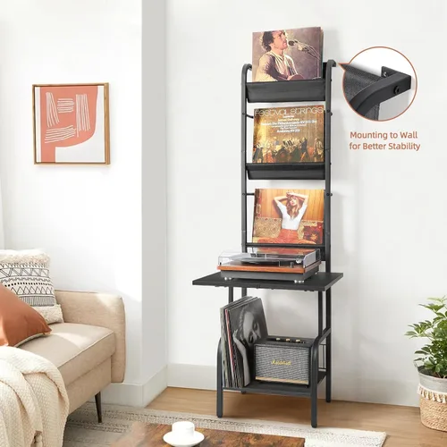 Vista 7 de Soporte para tocadiscos con almacenamiento de vinilos para hasta 200 álbumes, soporte para tocadiscos con estante de exhibición para discos