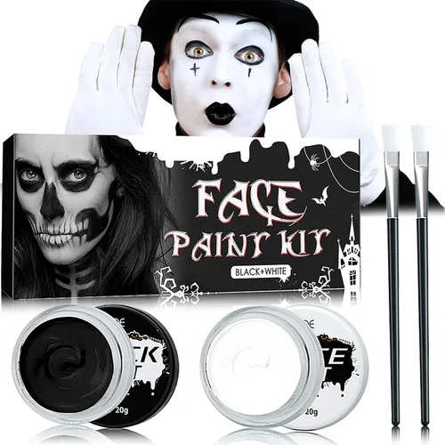 Pintura corporal negra y blanca con 2 pinceles de pintura, paleta de pintura corporal de Halloween para adultos, payaso SFX blanco zombi, disfraz de