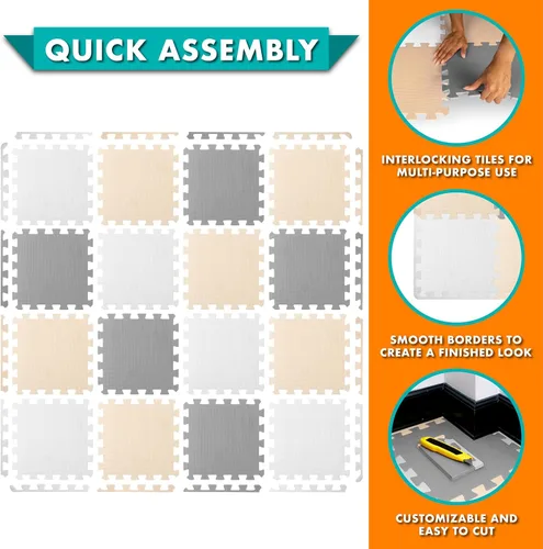 Vista 37 de ProSource Alfombra de espuma para rompecabezas para niños y bebés con colores sólidos, 36 o 16 azulejos encajables con bordes, Negro/Gris/Blanco