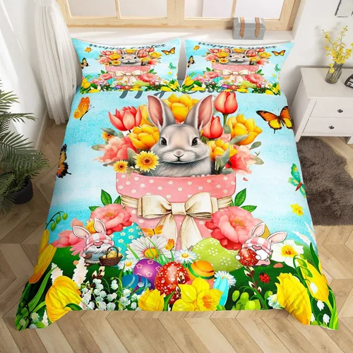 Vista 9 de Juego de ropa de cama con temática de Pascua de conejitos para niños, adolescentes y jóvenes, funda de edredón de nido de huevos de Pascua, funda