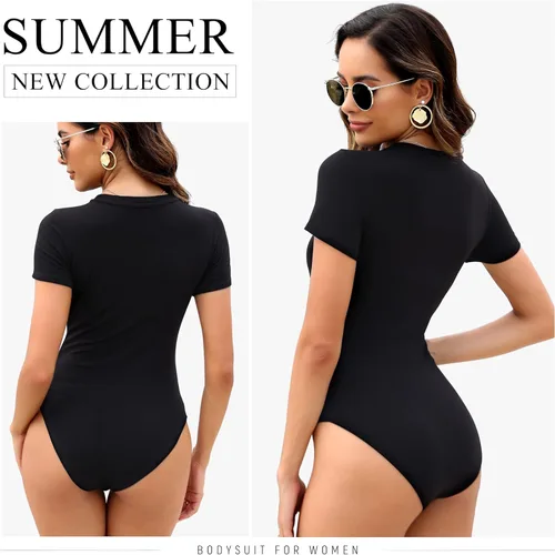Vista 2 de Paquete de 5 mamelucos de manga corta para mujer, cuello redondo, casual, elástico, camiseta básica