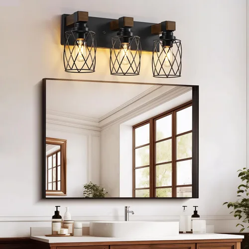 Vista 2 de Luz de Tocador de Baño Estilo Granja, Lámpara de Baño de Madera de 3 Luces para Sobre el Espejo, Luces de Tocador Industriales Negras con Pantalla