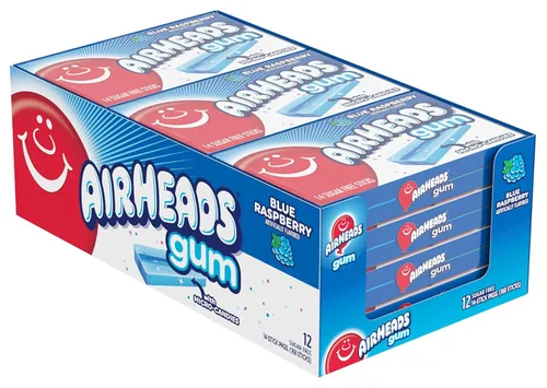 Airheads Dulces, Chicle, Sabor Frambuesa Azul, Sin Azúcar, Xilitol, 14 Palitos por Paquete, Caja de 12 Paquetes