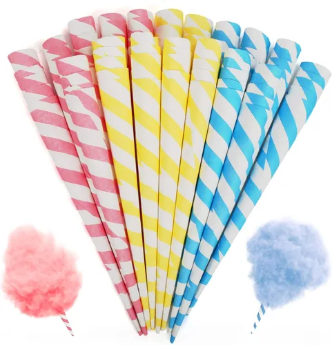 Outamateur Cono de algodón de azúcar, 90 unidades de conos de papel de algodón multicolor para hacer algodón de azúcar en cumpleaños, fiestas, Azul