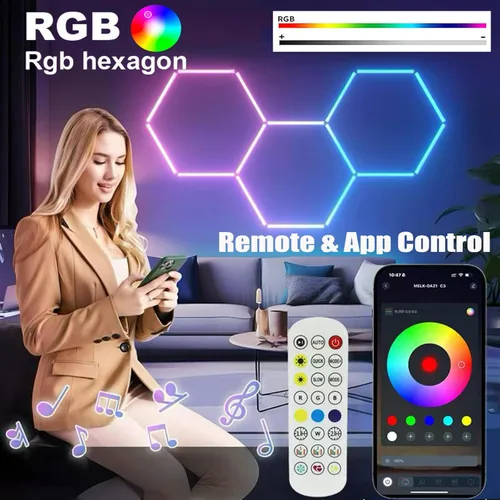 Vista 2 de 31Pack RGB Hexagon led Garage Lights,RGB 7Hexagon Light with Multi Color,Dimmable&Speed Adjustable Magic Hex Wall Lights,DIY Design for Remote