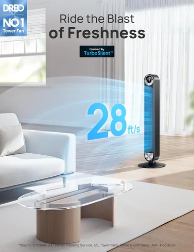 Vista 2 de Dreo - Ventiladores inteligentes de torre para el hogar, ventilador oscilante de 90° para dormitorio, control de voz, temporizador de 12H