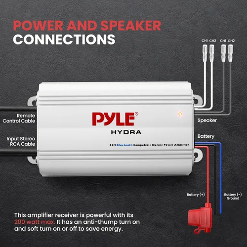 Vista 4 de Pyle Amplificador marino automático de 4 canales, 200 vatios RMS 4 OHM estéreo de rango completo con Bluetooth inalámbrico y potente altavoz Prime