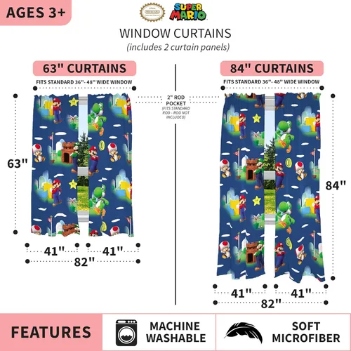Vista 4 de Franco Juego de cortinas y drapeados para ventana de habitación de niños, 82 x 84 pulgadas, Super Mario