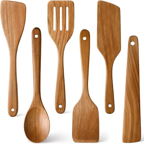 Vista 9 de 2 piezas de juego de espátulas de madera para cocinar Utensilios de cocina de teca no tóxicos sin BPA, espátula ranurada para panqueques, espátula