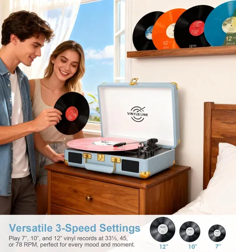 Vista 10 de VINYLSLINK Reproductor de discos de vinilo con Bluetooth, tocadiscos portátil de 3 velocidades con control de agudos y graves, altavoces estéreo