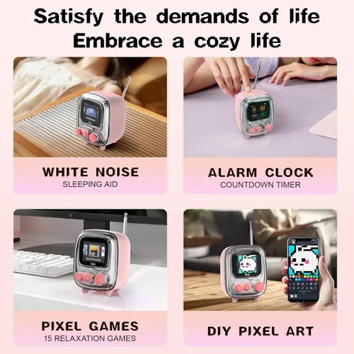 Vista 7 de Divoom Times Gate Rosa y Tiivoo-2 Rosa, Cyberpunk - Reloj digital con control inteligente de aplicación y mini TV altavoz Bluetooth retro, bonita