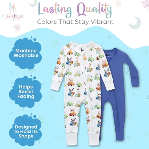 Vista 6 de CubbieMoon Bamboo Viscose Baby Pajamas 2 Way Zip for Diaper Change 0 to 24 Month Soft Stretchy Sleeper 2 Pack