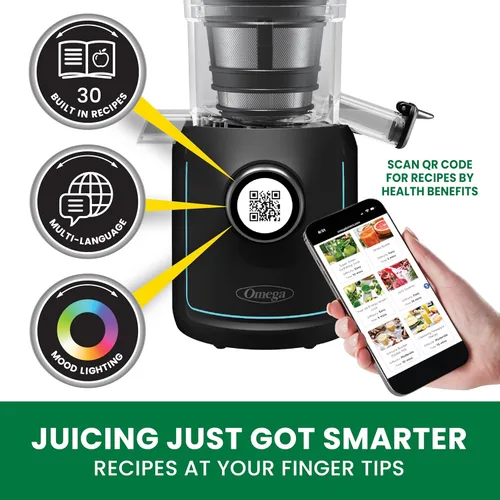 Vista 10 de Omega Ultimate Performance - Exprimidor de lotes de masticación lenta con tecnología intellidial, extractor de jugo de verduras y frutas con tolva