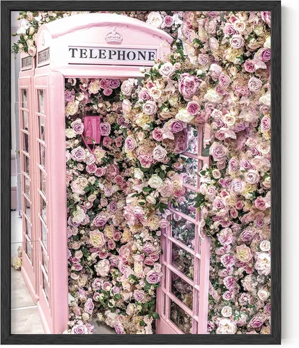 HAUS AND HUES Decoración de pared Glamour Floral Phone Booth | Póster de flores rosas para decoración de pared, póster de París, imágenes de París