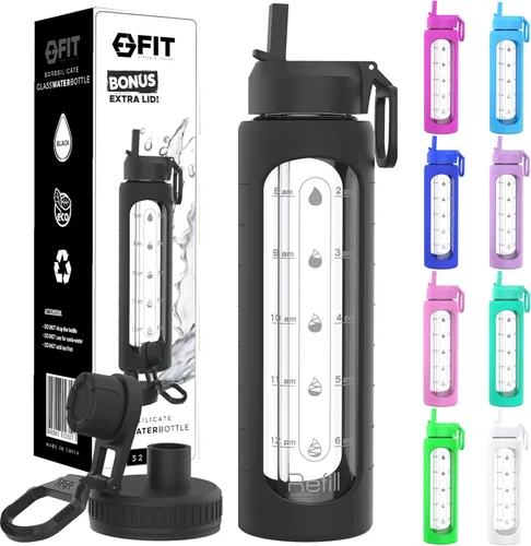 FIT Strong & Healthy 32 oz Glass Water Bottle with Straw Lid - Wide Mouth Borosilicate Glass Water Bottles with Time Marker, Silicone Sleeve & Extra
