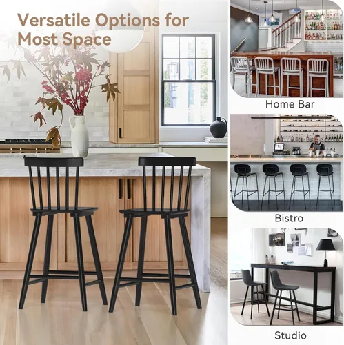 Vista 6 de LUE BONA Windsor Wooden Bar Stools Set of 2 for Kitchen Island, Farmhouse 24 Inch Counter Height Stools Chairs with Spindle Back, Black