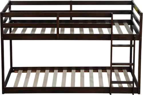 Vista 8 de Harper & Bright Designs Literas bajas, tamaño individual sobre individual, marco de litera de madera con escalera de barandilla de seguridad
