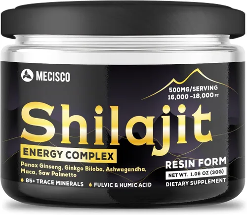 Mecisco Resina Shilajit – Resina orgánica pura del Himalaya Shilajit, raíz de ginseng panax, hoja de ginkgo biloba y más – Apoya el bienestar, la