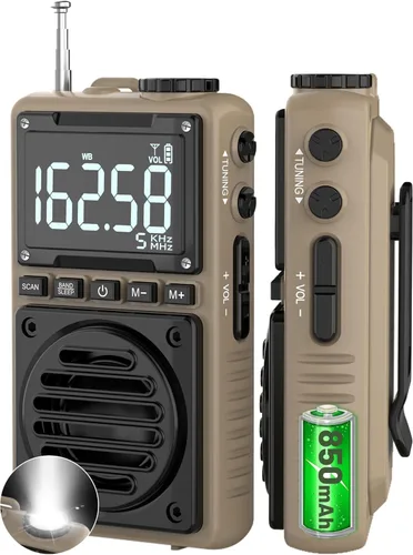 Radio digital AM FM de banda meteorológica de 851 mAh, radio de bolsillo portátil recargable con la mejor recepción, linterna, pantalla LCD, clip