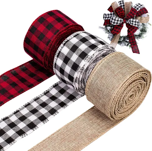 3 Rolls Wired Edge Ribbons, 30 Yards x 2 Inches Black Red Plaid Ribbon, Black White Buffalo Plaid Ribbon and Burlap Craft Ribbon for DIY Gift