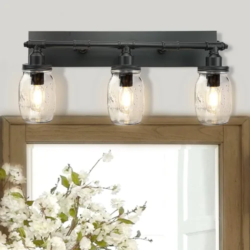 Lámpara de pared para baño, lámpara industrial de tarro de masón, aplique de pared con acabado negro (3 luces)
