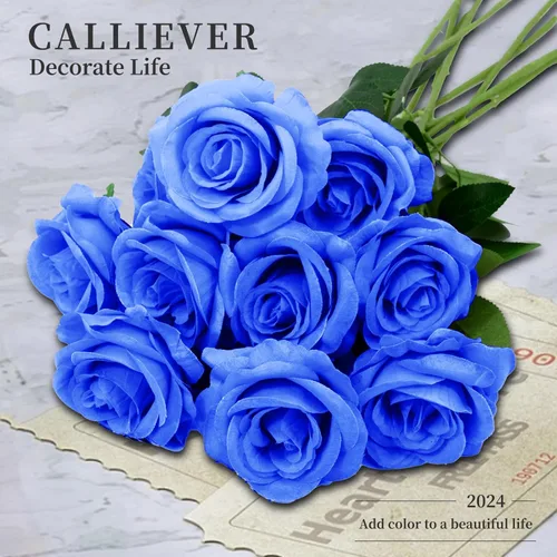 Vista 3 de 12 flores artificiales de rosas, ramo de flores artificiales de seda, rosas sintéticas con tallos, 19.7 in, rosas decorativas para bodas y Azul