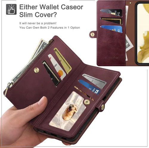 Vista 3 de XcaseBar Funda tipo cartera para Samsung Galaxy S22 Ultra con cremallera Bloqueo RFID Soporte para tarjeta de crédito, libro de folio con tapa Funda