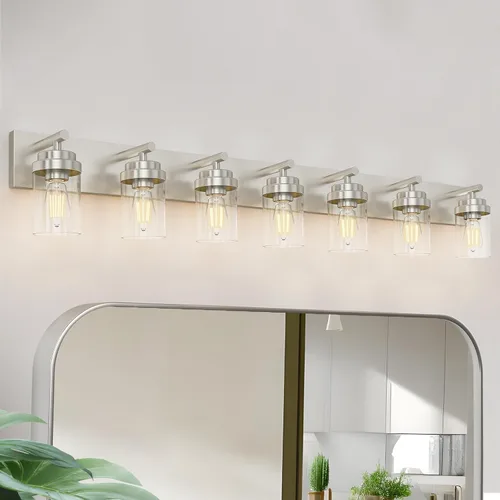 Vista 32 de IZORRO Lámpara de tocador de baño, 3 luces de 22 pulgadas, color negro mate, con pantalla de vidrio transparente, luces modernas de tocador