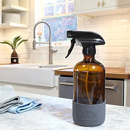 Vista 6 de SAVVY PLANET Botellas vacías de vidrio ámbar con protección de funda de silicona, recipientes recargables de 16 onzas para productos de limpieza