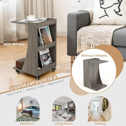Vista 7 de Tangkula Mesa auxiliar en forma de C, mesa auxiliar pequeña para sofá/sofá, mesa auxiliar con compartimento trasero de 3 niveles, ruedas con frenos
