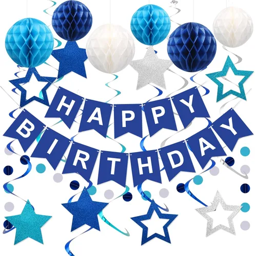 Vista 17 de meowtastic - Decoraciones de cumpleaños, pancarta de feliz cumpleaños con bolas de panal de abeja, serpentinas colgantes de estrellas, guirnalda