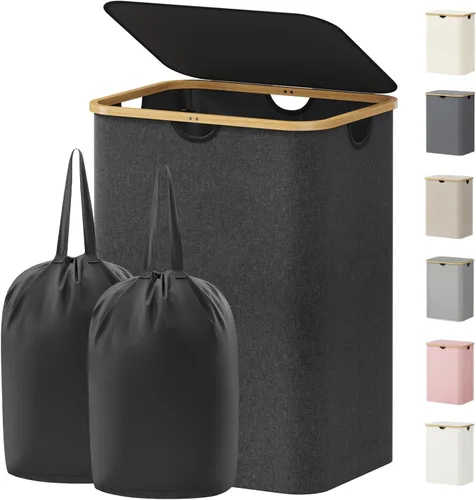 Vista 30 de Lifewit Cesta de lavandería de 80 litros con tapa, cestas de ropa para lavandería con asas de bambú y una bolsa de lavandería extraíble, cesta