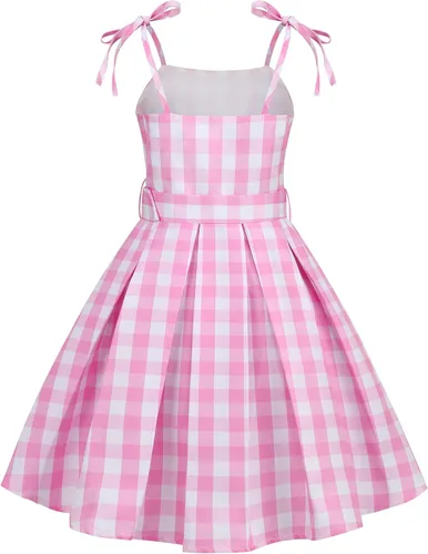 Vista 3 de Correa de disfraz a cuadros rosa para niñas, vestido de película, cosplay, Halloween, disfraces de cumpleaños a cuadros