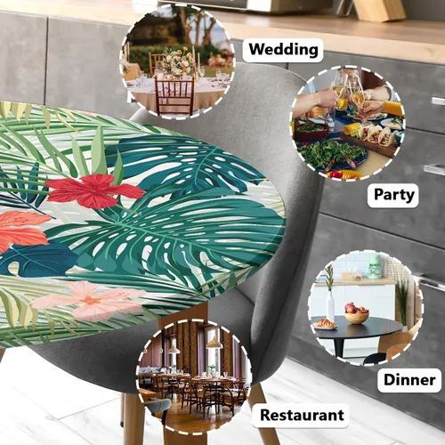 Vista 7 de Round Tablecloth Palm Flowers Fitted Tablecloth with Elastic Round Outdoor Tablecloths for Tables Waterproof Reusable Table Cover for Indoor and