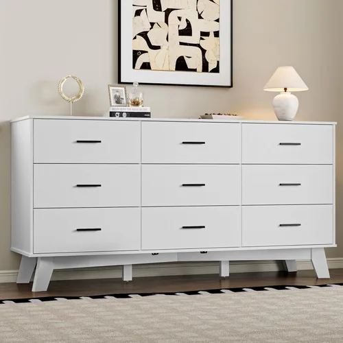 Vista 23 de BORNOON Cómoda para dormitorio con 7 cajones, cómoda moderna de 47.2 pulgadas de ancho con manijas de metal, base en forma de X y pata central