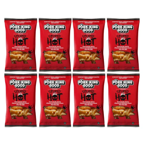 Vista 11 de Pork King Good Stupid Hot Pork Chicharrones - Paquete de 4 bocadillos bajos en carbohidratos, aptos para dieta cetogénica, chicharrones