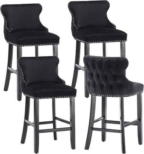 Vista 14 de mikibama Juego de 2 taburetes de bar de terciopelo con respaldo de ala, tapizados con botones y patas de madera maciza, taburetes de bar acolchados