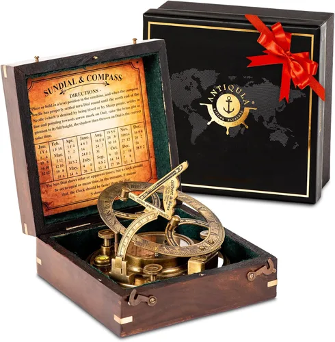 Brújula grande de reloj de sol de 5 pulgadas con caja de madera de palisandro, reloj de reloj de sol de latón antiguo steampunk perfectamente