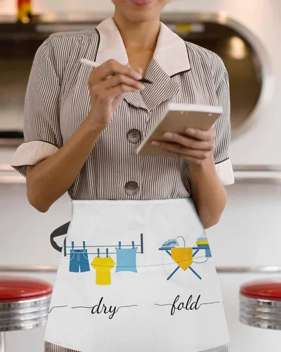 Vista 3 de Modern Minimalist Server Aprons with 3 Pockets, Cartoon Laundry Room Washing Machine Waitress Waist Apron for Women Men Waterproof Half Aprons