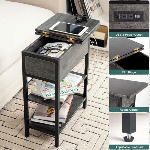Vista 20 de Yoobure Mesa auxiliar con estación de carga, mesa auxiliar abatible con puertos USB y tomacorrientes, mesa de noche para sala de estar, dormitorio