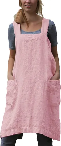 Vista 8 de YESDOOD Delantal de lino de algodón con espalda cruzada para mujer, con bolsillos, vestido para hornear y cocinar