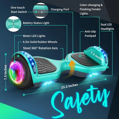 Vista 3 de SISIGAD - Hoverboard con parlante Bluetooth y luces LED, aeropatineta eléctrica inteligente de auto equilibrio 6.5 pulgadas, para niños