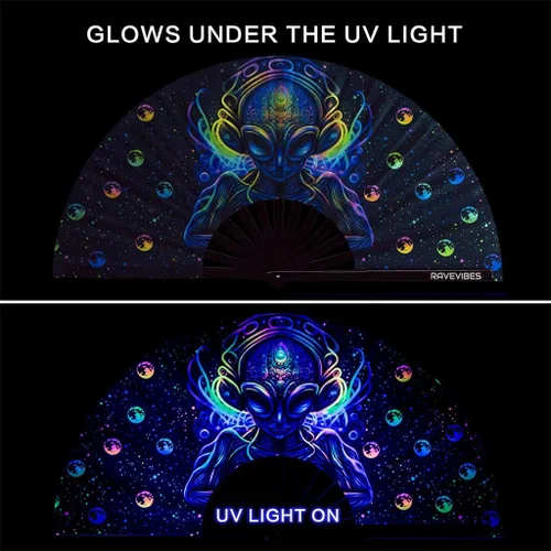 Vista 2 de Ravevibes Ventilador de mano plegable grande de 13 pulgadas, ventilador de bambú para festivales de bambú, ventiladores de Edm con brillo UV