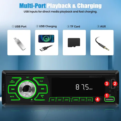 Vista 3 de SIXWIN - Radio para coche de un solo DIN, estéreo Bluetooth, receptor de audio multimedia para coche con control de voz, entrada AUX/USB/TF, control